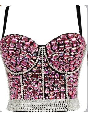 Ellacci Women’s Faux Pearl Rhinestone Bustier Crop Corset Top Size L